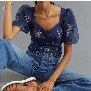 Anthropologie Navy Floral Embroidered Blouse